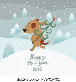 Cute dog carries Christmas tree. Happy new year 2018