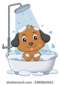 Cute Dog Cartoon Bathing In Bathtub. Animal Nature Icon Concept Isolated Premium Vector. Vector Illustration