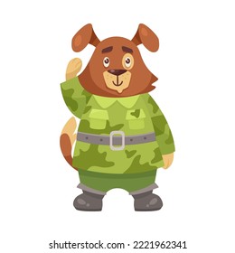 Cute dog cartoon character in camouflage cartoon illustration. Serious animal soldier in military uniform saluting officer. Army, zoo, warrior concept