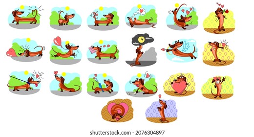 Personaje de dibujos animados para perros en diferentes acciones. Colección de emoticonos con graciosos cachorros en ilustraciones de vectores de amor. Amor, Día de San Valentín, concepto romántico para tarjeta de saludo o invitación
