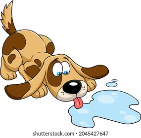 Cute Dog Cartoon Character Drinking From A Puddle Of Water. Vector Hand Drawn Illustration Isolated On Transparent Background