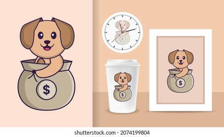 Cute dog cartoon character. Prints on T-shirts, sweatshirts, cases for mobile phones, souvenirs. Isolated vector illustration.