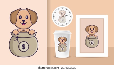 Cute dog cartoon character. Prints on T-shirts, sweatshirts, cases for mobile phones, souvenirs. Isolated vector illustration.