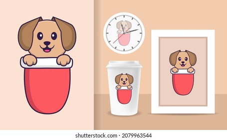 Cute dog cartoon character. Prints on T-shirts, sweatshirts, cases for mobile phones, souvenirs. Isolated vector illustration.