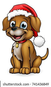 A cute dog cartoon character wearing a Santa Claus Christmas hat