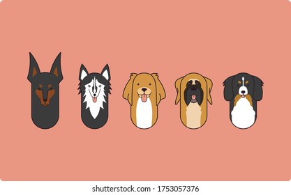 cute dog cartoon characters. cute capsule shaped dog icon. cute cartoon doberman, husky, golden retriever, mastiff, berne.