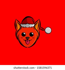 the cute dog cartoon christmas with santa claus cap logo design on red background