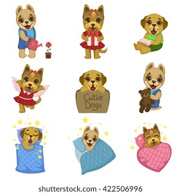 Cute Dog Cartoon Collection Of Colorful Illustrations In Cute Girly Cartoon Style Isolated On White Background