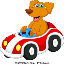 Cute dog cartoon driving car 