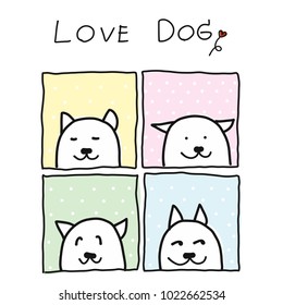 Cute dog cartoon hand drawing Express emotions On a polka dot pastel background
