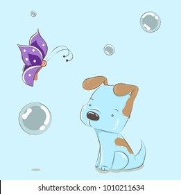 Cute dog cartoon hand drawn vector illustration. Can be used for baby t-shirt print, fashion print design, kids wear, baby shower celebration greeting and invitation card.