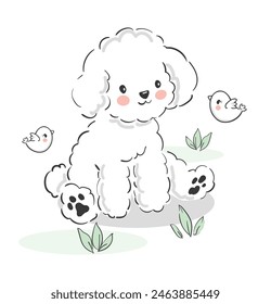 Cute dog cartoon hand drawn vector illustration. Kids t-shirt print, kids wear fashion design, baby shower invitation card.