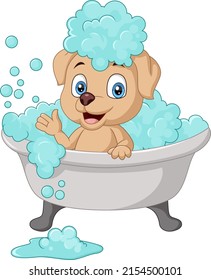Cute dog cartoon having a bath