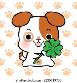 Cute Dog Cartoon, Dog Holding Lucky Four Leaf Clover, Lucky Animals, Doodle cartoon style.