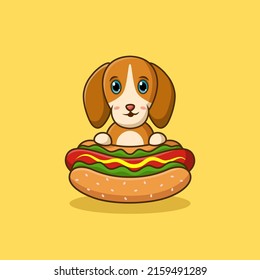 Cute dog cartoon with hot dog. Vector illustration