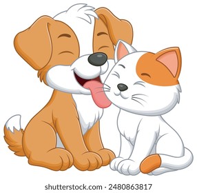 Cute Dog Cartoon Licking a Cat. Animal Nature Icon Concept Isolated Premium Vector. Vector Illustration