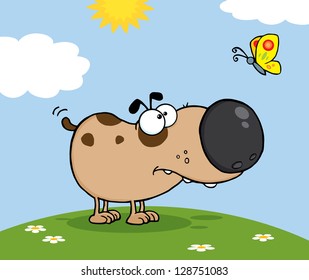 Cute Dog Cartoon Mascot Character With Butterfly On A Meadow