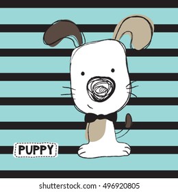 cute dog cartoon on striped background, T-shirt graphics for kids vector illustration