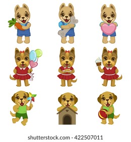 Cute Dog Cartoon Set Of Colorful Illustrations In Cute Girly Cartoon Style Isolated On White Background