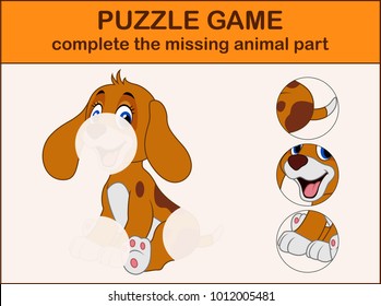 Cute dog cartoon sitting. Complete the puzzle and find the missing parts of the picture