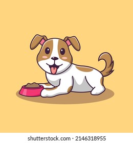 Caricatura de perro lindo sentada con tazón de comida, ilustración de dibujos vectoriales, clipart de dibujos animados