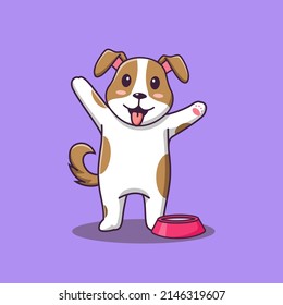 Cute dog cartoon standing with water bowl, vector cartoon illustration, cartoon clipart