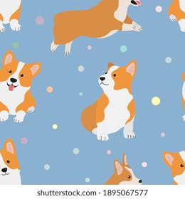 Cute dog in cartoon style. Seamless pattern with  welsh corgi. Vector illustration for print, wrapping paper,  greeting cards, decor, posters, fabric.