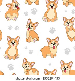 Cute dog in cartoon style, texture for wrapping paper. Seamless pattern with pembroke welsh corgi. Vector illustration for print, greeting cards, decor, posters, fabric.