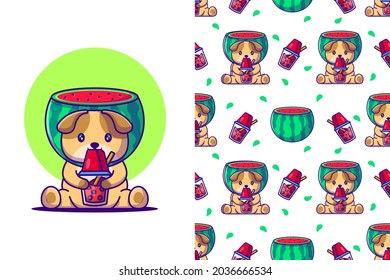 Cute dog cartoon and watermelon with seamless pattern