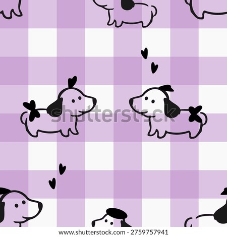 Cute dog cartoons seamless pattern on purple gingham puppy hearts background design.