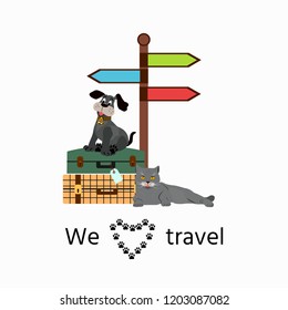 Cute dog and cat with arrows in stand location travel and text "We love travel". Concept illustration of pet carrying and travelling with pets.