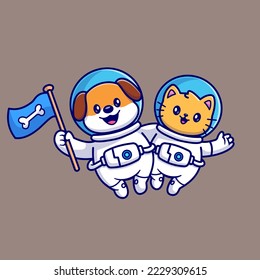 Cute Dog And Cat Astronaut Flying In Space With Flag Cartoon Vector Icon Illustration. Animal Science Icon Concept Isolated Premium Vector. Flat Cartoon Style