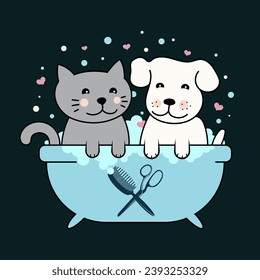 Cute dog and cat in the bathroom, scissors and comb. Grooming and pet care design