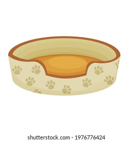 Cute dog or cat bed decorated with paw pattern in cartoon style isolated on white background. Pet accessory, comfortable crib, basket for rest.