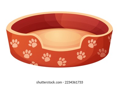 Cute dog or cat bed decorated with paw pattern in cartoon style isolated on white background. Pet accessory, comfortable crib, basket for rest.