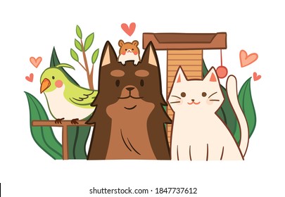 Cute dog, cat, bird, hamster illustration. Animal love or protection concept illustration.