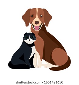 cute dog with cat black and white vector illustration design