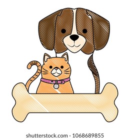 cute dog and cat with bone characters