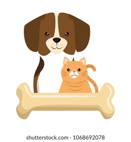 cute dog and cat with bone characters
