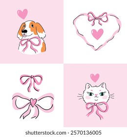 Cute dog and cat with bow and heart. Vector illustrations for Valentines day, wedding invitations or greeting birthday cards. Preppy pink animal valentines card design in hand-drawn style. 