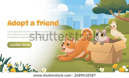 Cute dog, cat in a box, and parrot in park with flowers and cityscape background, promoting animal adoption in a playful cartoon style. Vector illustration