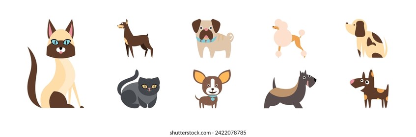 Cute Dog and Cat Breed as Domestic Pet Vector Set