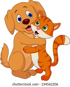 Cute dog and cat cartoon embracing each other