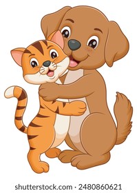 Cute Dog And Cat Cartoon Embracing Each Other. Animal Nature Icon Concept Isolated Premium Vector. Vector Illustration