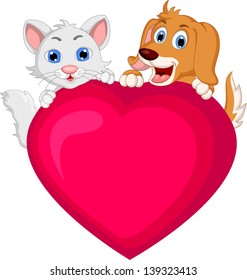 cute dog and cat cartoon holding love heart