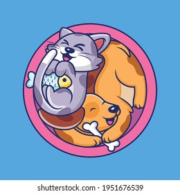 Cute Dog and Cat in Circle Concept. Animal Vector Icon Illustration, Isolated on Premium Vector