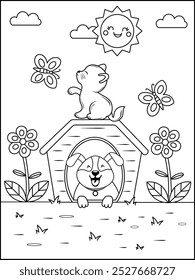 Cute Dog and Cat Coloring Page with Butterflies and Flowers . Fun and Easy Cartoon Style for Kids.