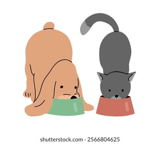 Cute dog and cat eating from bowls. A pet is a friend. Little cheerful puppy. Animal character. Cartoon vector illustration isolated on white background