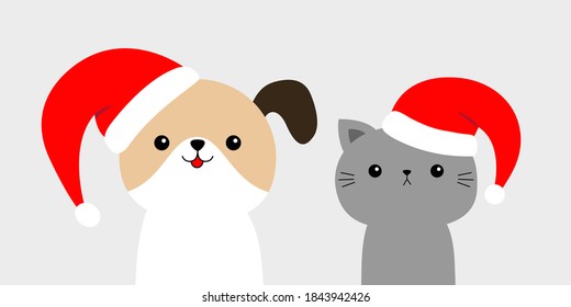 Cute dog cat face in red Santa hat. Merry Christmas. Funny kawaii doodle baby animal. Cute cartoon funny character. Puppy and kitten set. Pet collection. Flat design. White background. Vector