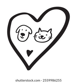 Cute dog and cat faces inside a heart. Concept for Valentine's day or animal shelter. Black color. Vector illustration on white background.